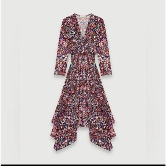 Maje Rayemi Midi Dress Size 36 Noir Rose Floral Print Asymmetric Girly Summer - Picture 1 of 16